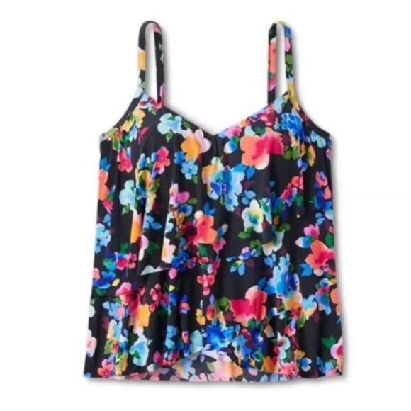 Aqua Green Women's V-Neck Angled Tiered Tankini Top Multi Floral Print Sz M - Picture 1 of 10